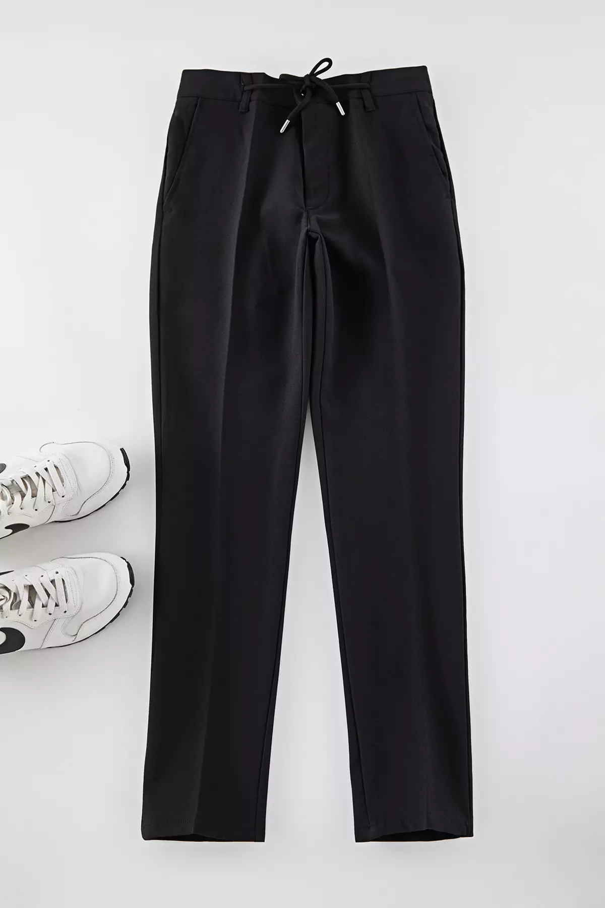 Black Slim Fit Elastic Fabric Woven Trousers With Tie Waist Detail Tmnaw25Pl00027