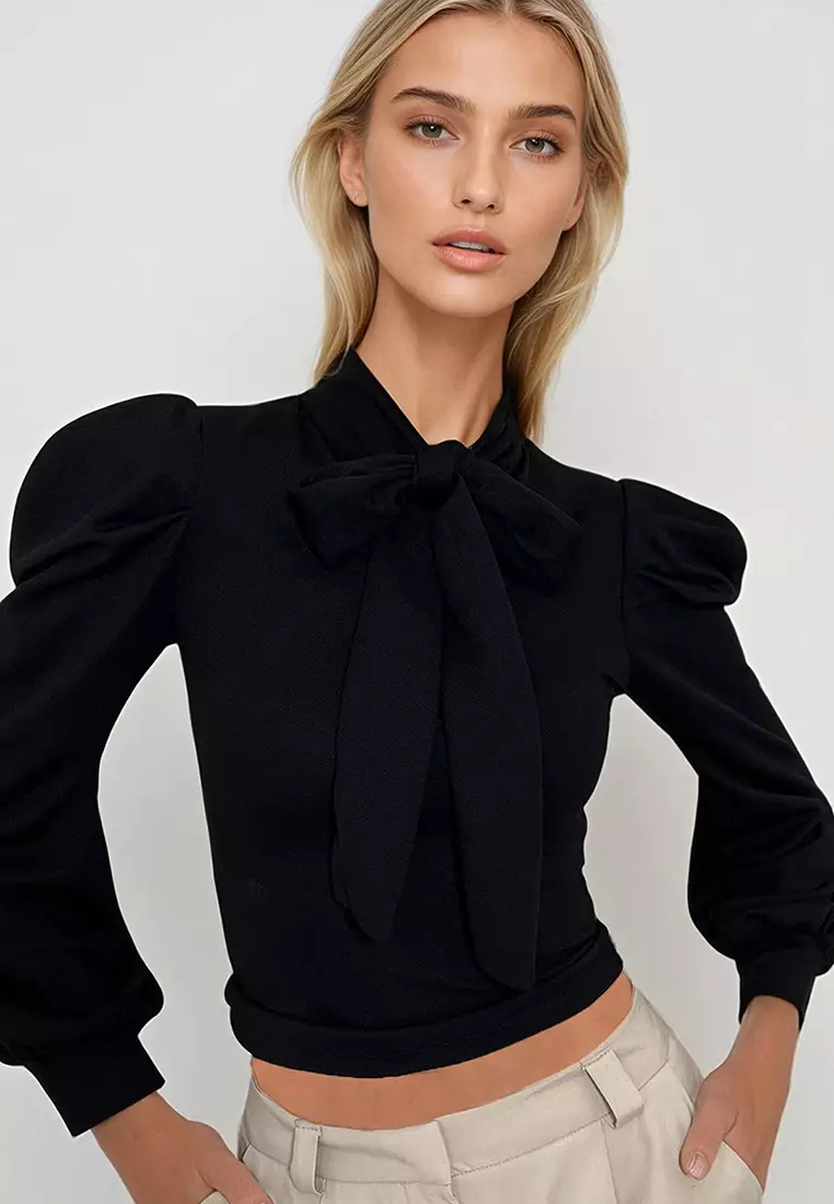 Women's Black Halter Neck Princess Sleeve Woven Blouse