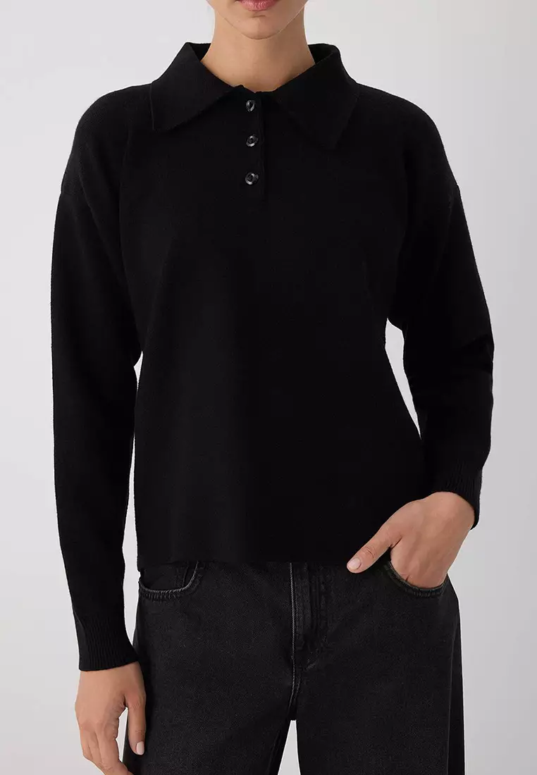 Black*001 Premium/Special Yarn Polo Collar Plain Knitwear Sweater