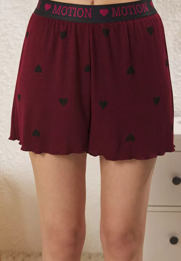 Burgundy Heart Slogan Printed Elastic Ribbed Shorts Knitted Pajama Set