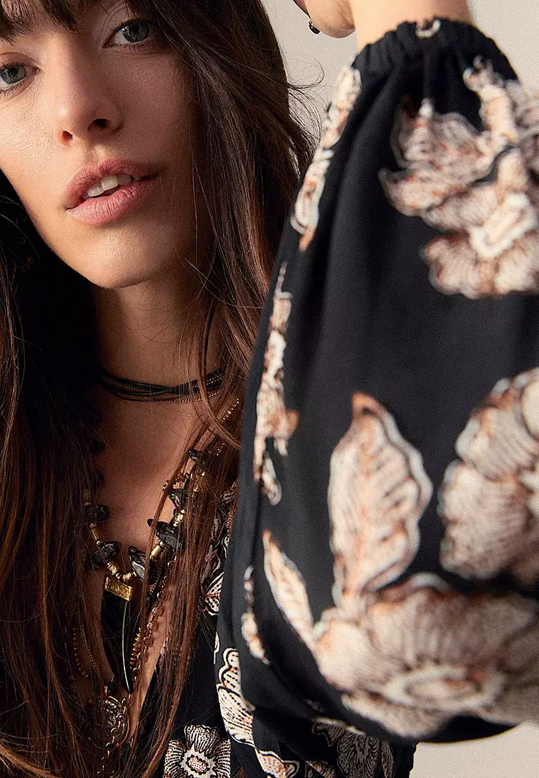 Crepe Floral Tie Neck Midaxi Waisted Dress