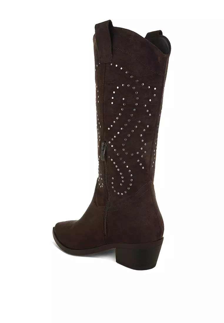 Studs Embellished Cowboy Boots in Brown