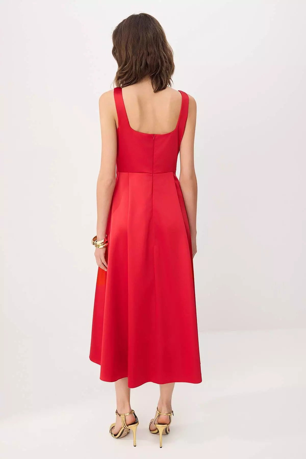 Red Straight Skirt With Open Waistline, Woven Satin Midi, Unlined, Stylish/Evening Dress