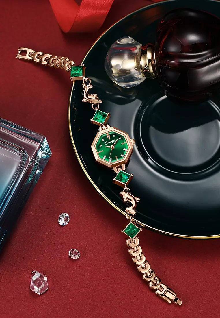 Jam Tangan Wanita 8015 Original Berlian Tali Gelang Korean Style Jam Tangan Cewek rosegreen