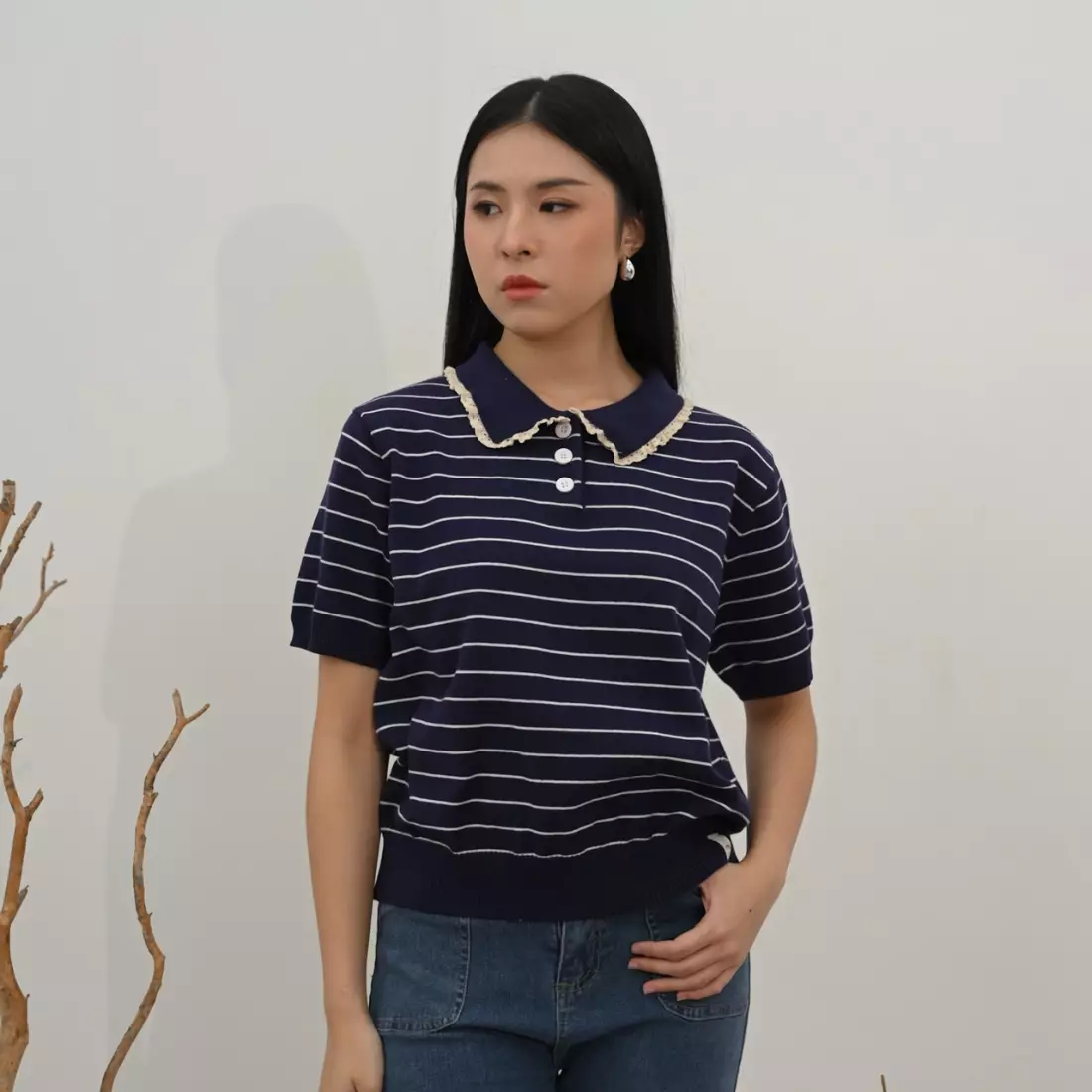 Jual MKY Clothing Talia Ruffle Polo Knit Top in Navy Original 2025