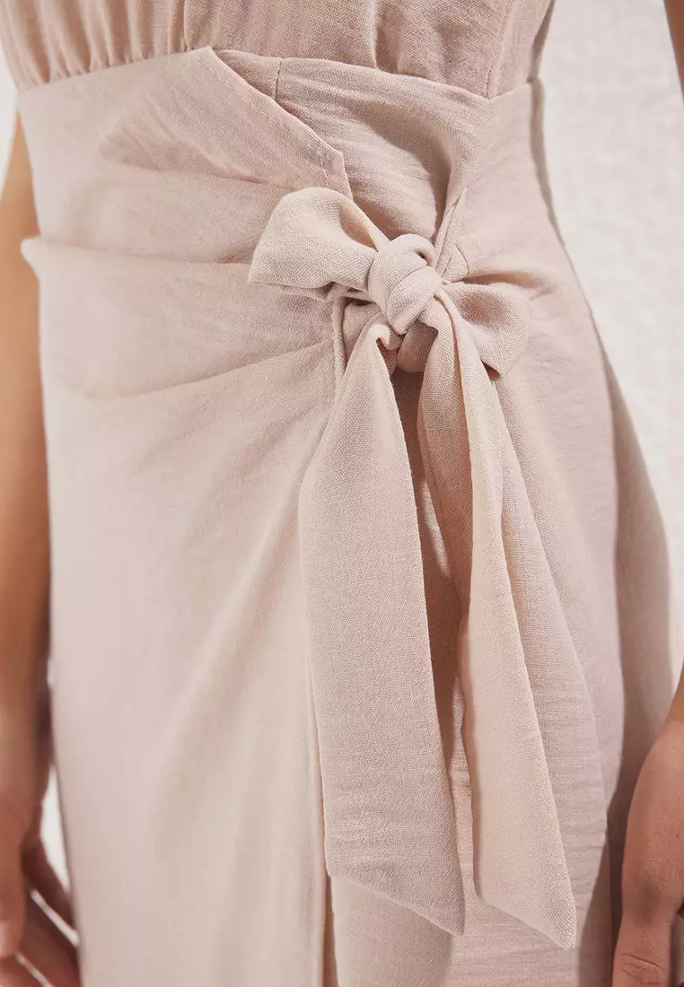 Stone Straight Binding Detail Midi Woven Dress Twoss25El00777