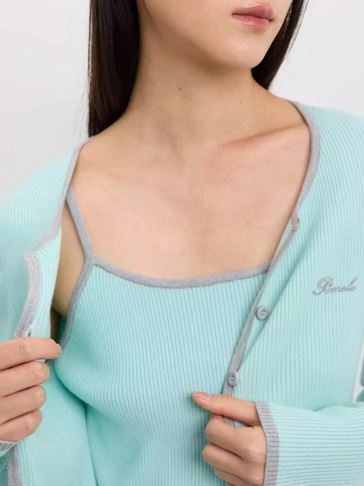 Faux Layer Knit Cardigan - Turquoise