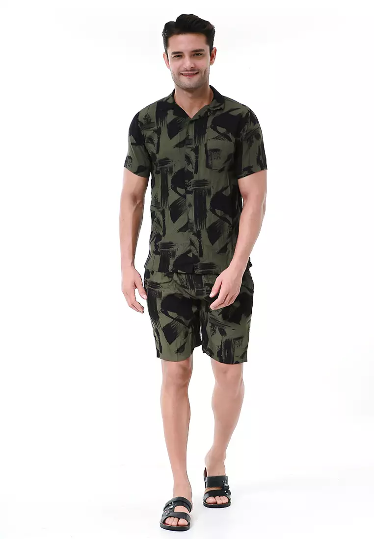 Deon Piyama Pria Kemeja One Set Lengan Pendek Motif Abstrak Material Rayon ORIGINAL - Army Green