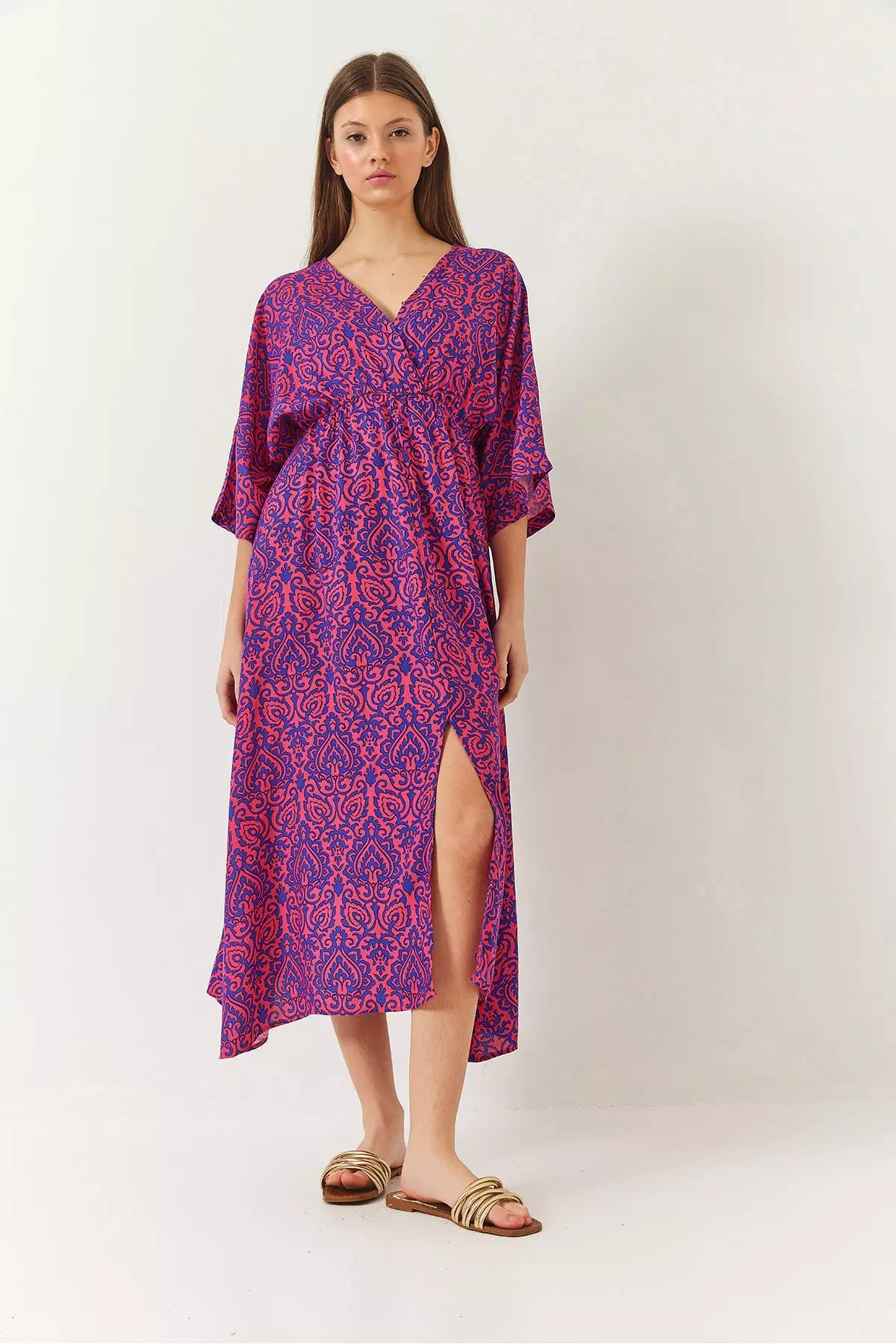 Women's Double Breasted V Neck Front Slit Detail Print Dress 60261411