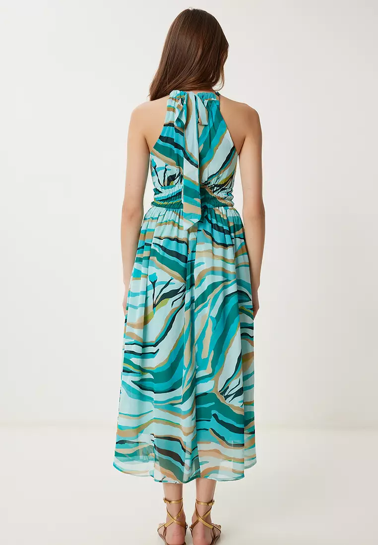 Women's Green Beige Patterned Flounced Midi Chiffon Dress Fg00029