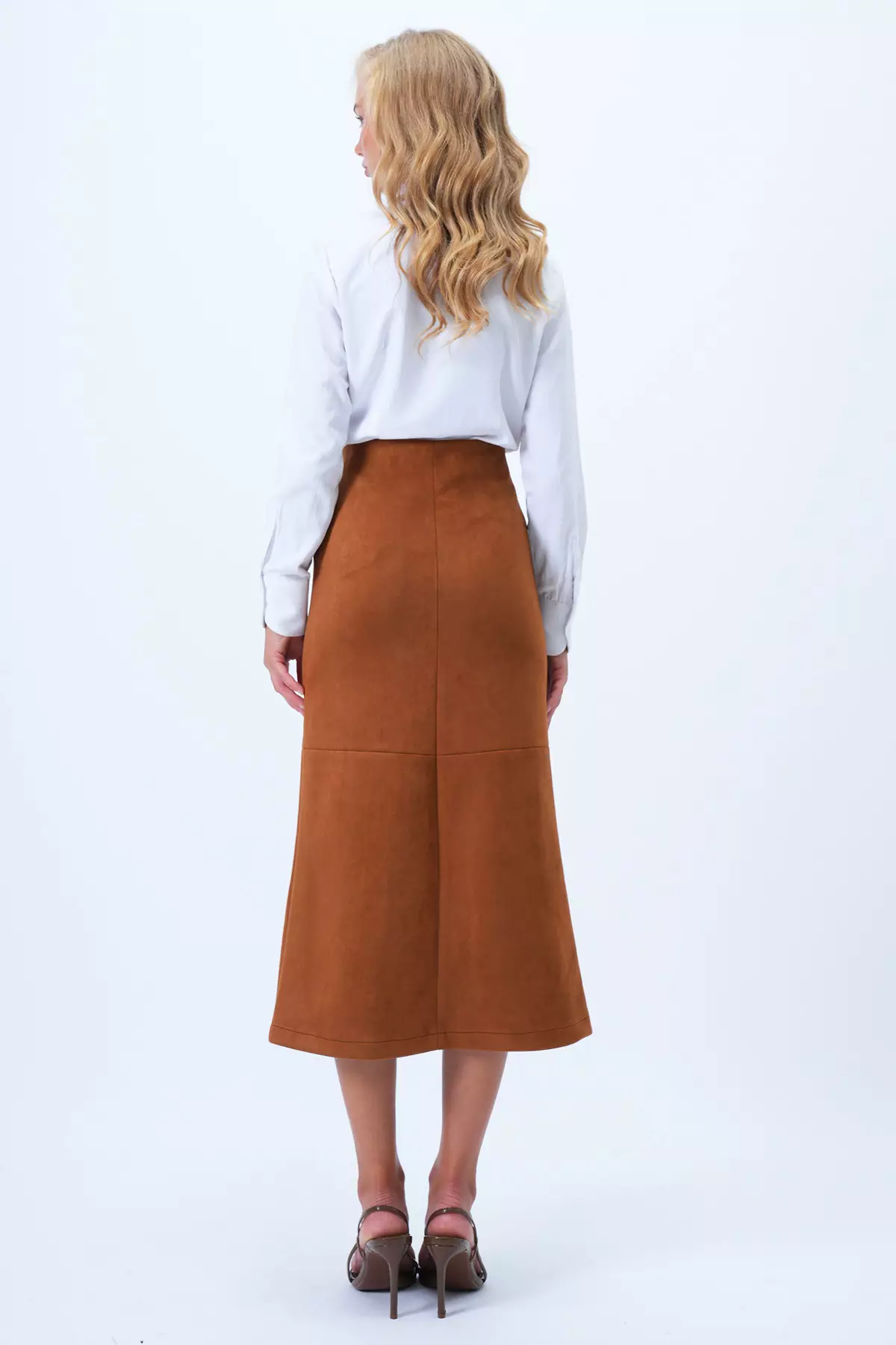 Women's Tan Hidden Zippered Stitch Detailed Faux Suede Maxi Skirt Alc-X14407