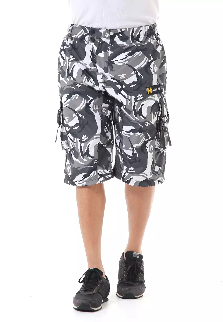 Grissham Celana Cargo Pendek Pria Short Pants Kasual Motif Loreng Material Parasut ORIGINAL - White