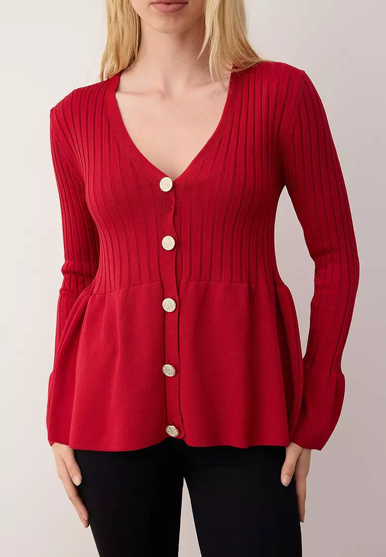 Red Peplum Detailed Knitwear Cardigan Twoaw26Hi271