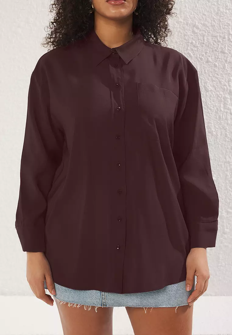 More Sustainable Brown Modal Soft Tuşe Woven Plus Size Shirt Tbbss25Ax00004