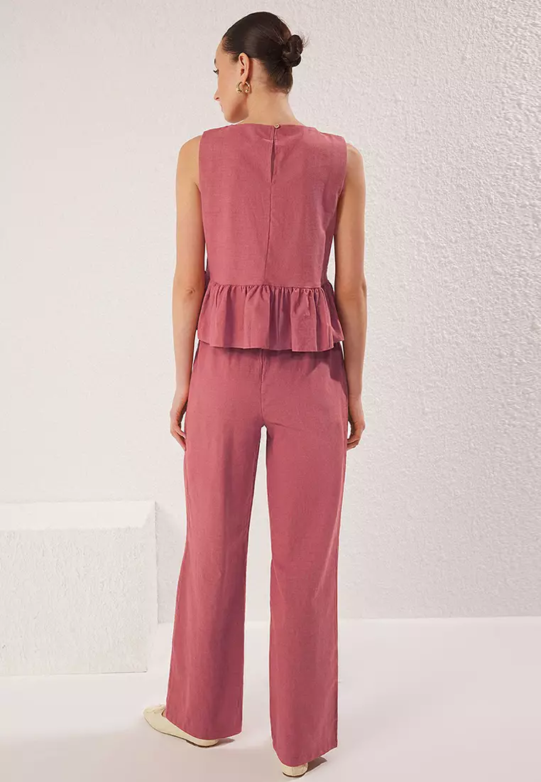 Pink Linen Look Crew Neck Blouse and Trousers Woven Double Bottom-Top Set TWOSS25AU00081