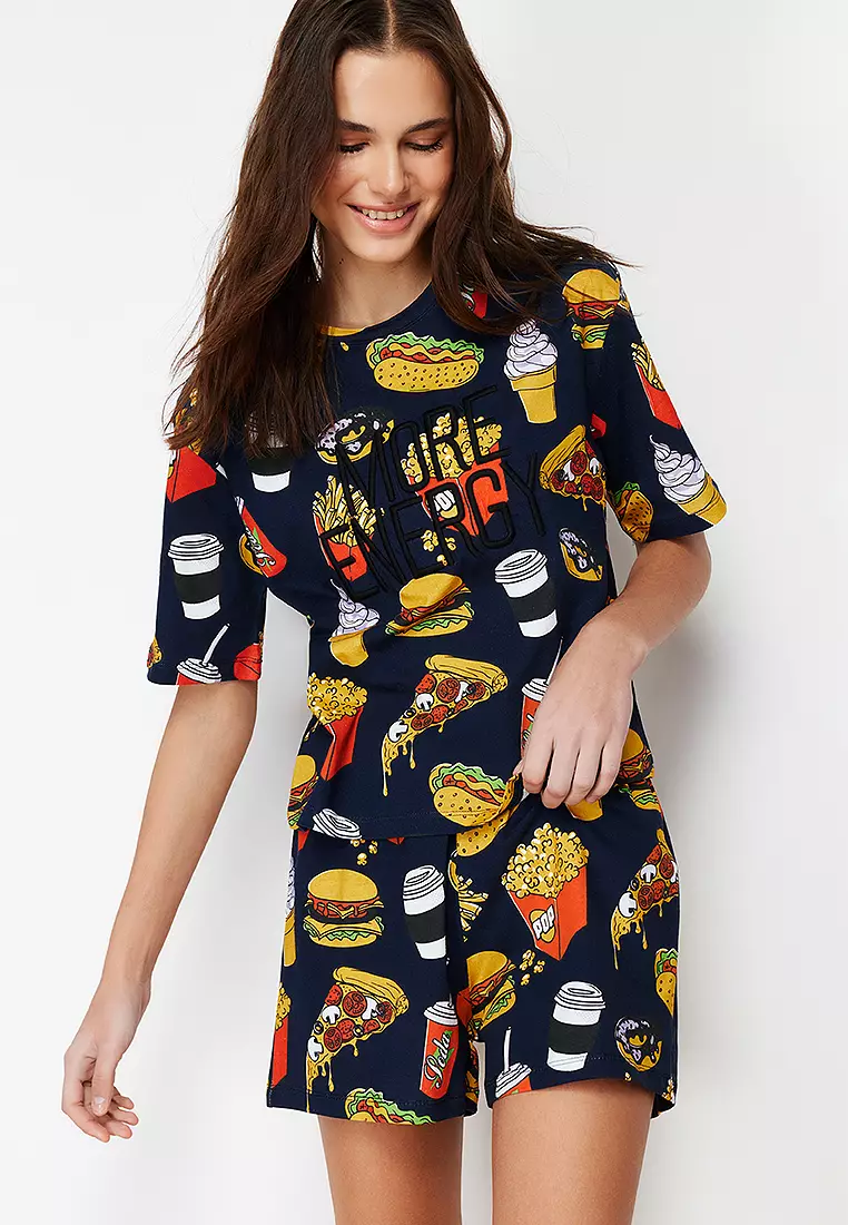 Slogan Embroidered Knitted Pajama Set with Shorts