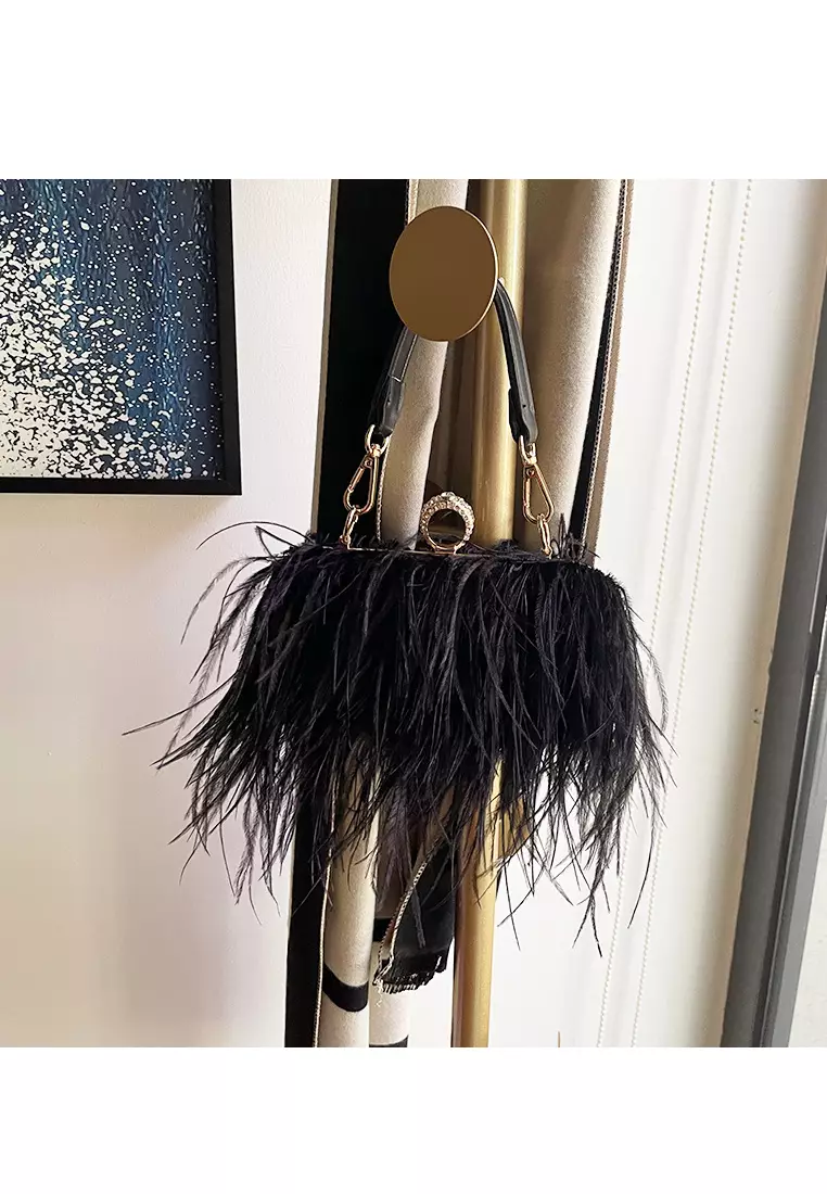 Ostrich Feather Ring Buckle Chain Crossbody Shoulder Small Square Bag