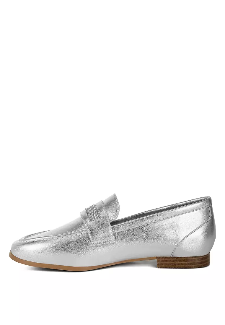 Rhinestone Strap Metallic Loafers in Silver