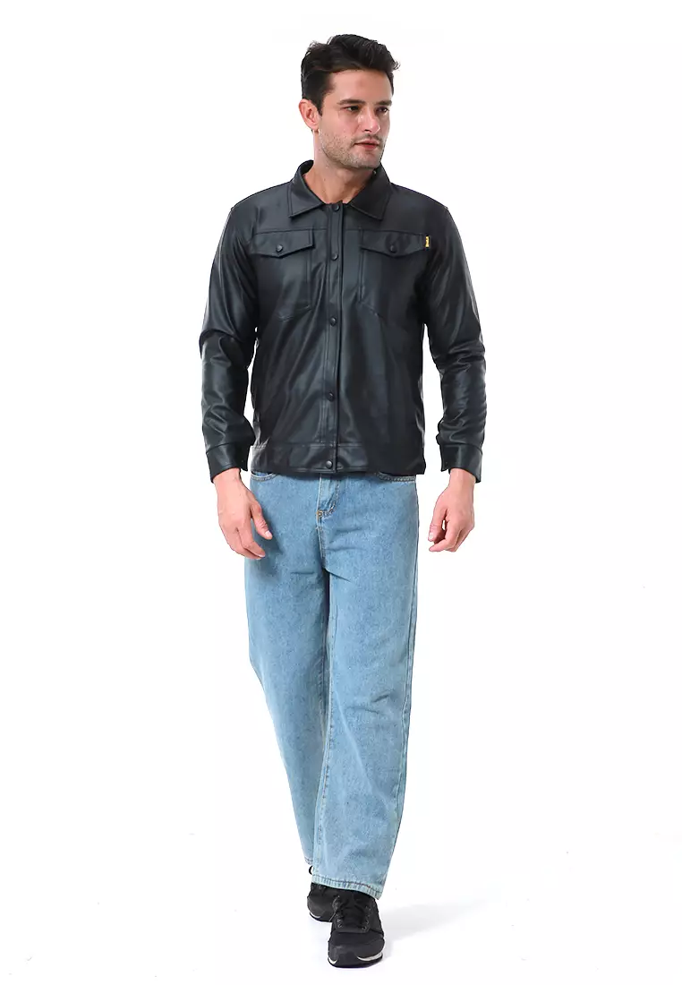 Danny Outerwear Pria Big Pocket Casual Jacket Lengan Panjang Material Leather ORIGINAL - Black