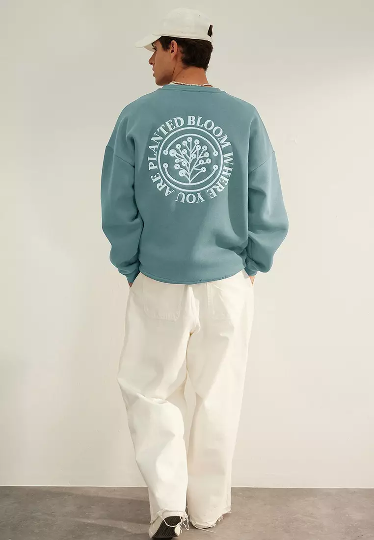 Mint Oversize/Wide Cut Floral Embroidered Fleece Lined Cotton Sweatshirt Tmnaw24Sw00012