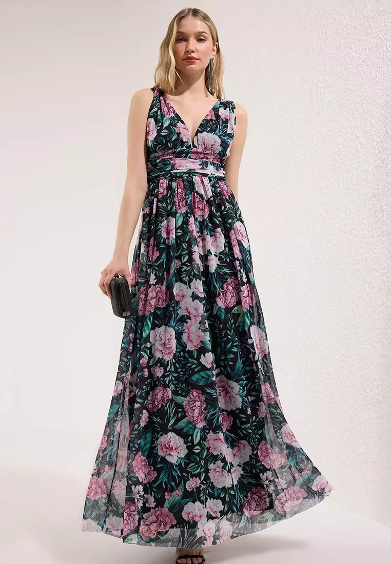 Multicolor A-Line V-Neck Floral Pattern Knitted Long Stylish Evening Dress Tprss25Ae00096