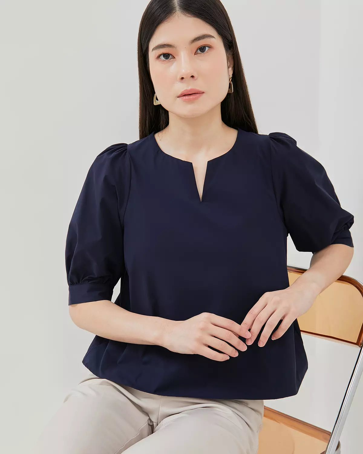 WOMEN'S BLUE V-NECK PUFF SLEEVE BLOUSE