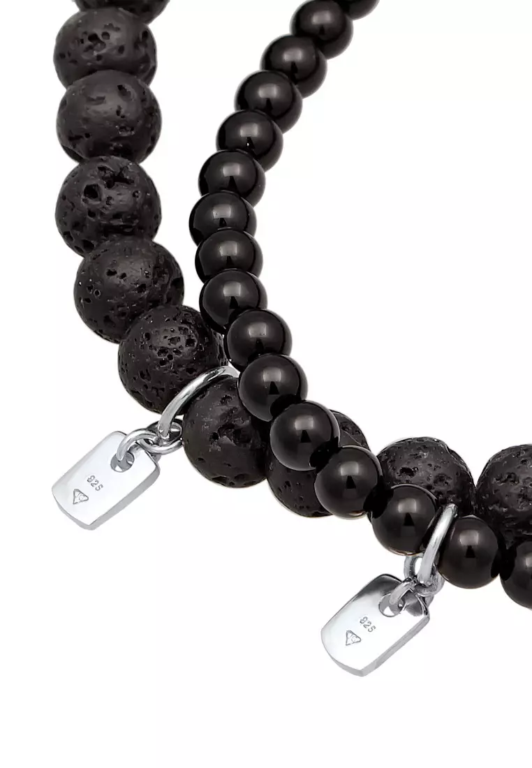 EXCLUSIVE Gelang Perhiasan Perak 925 Pria Bead Set Black Lava And Onyx
