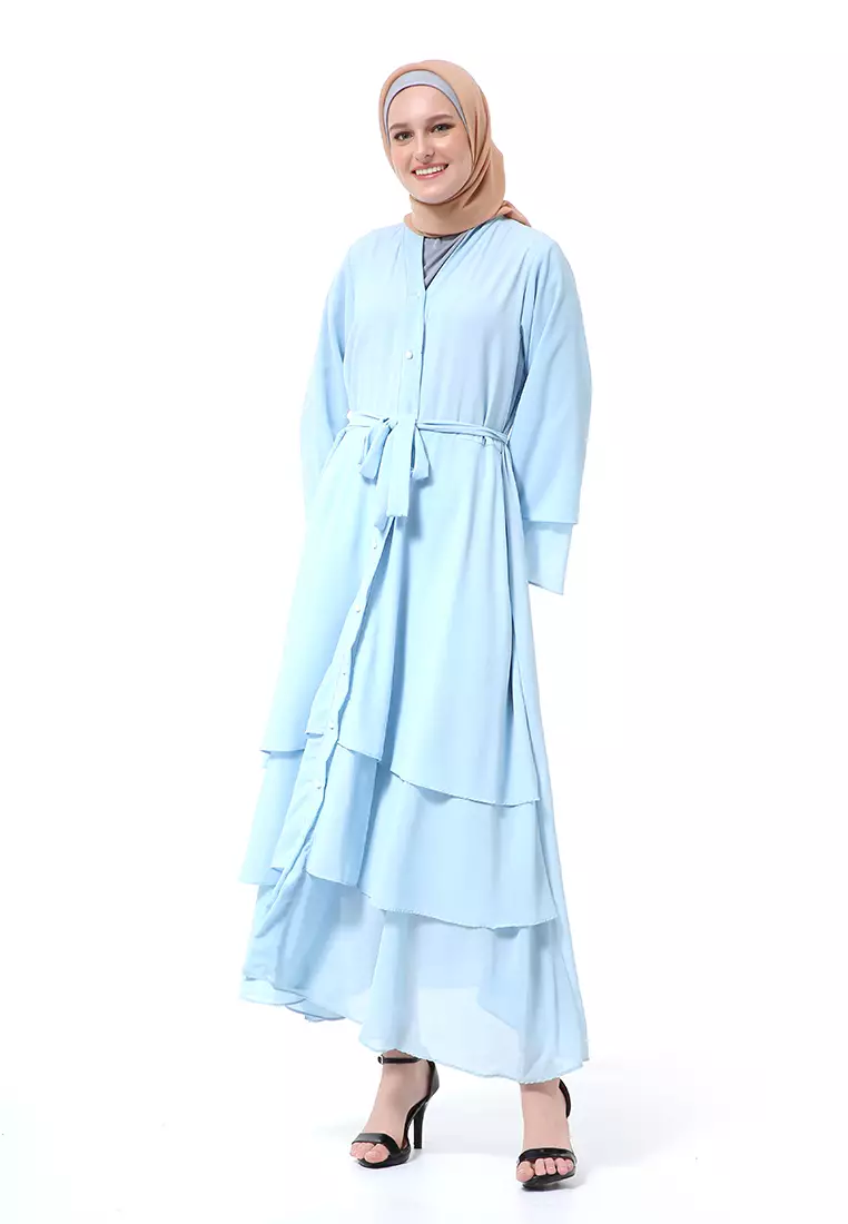 Nadeline Gamis Abaya Wanita Motif Polos Long sleeve Premium High Quality - Powder Blue