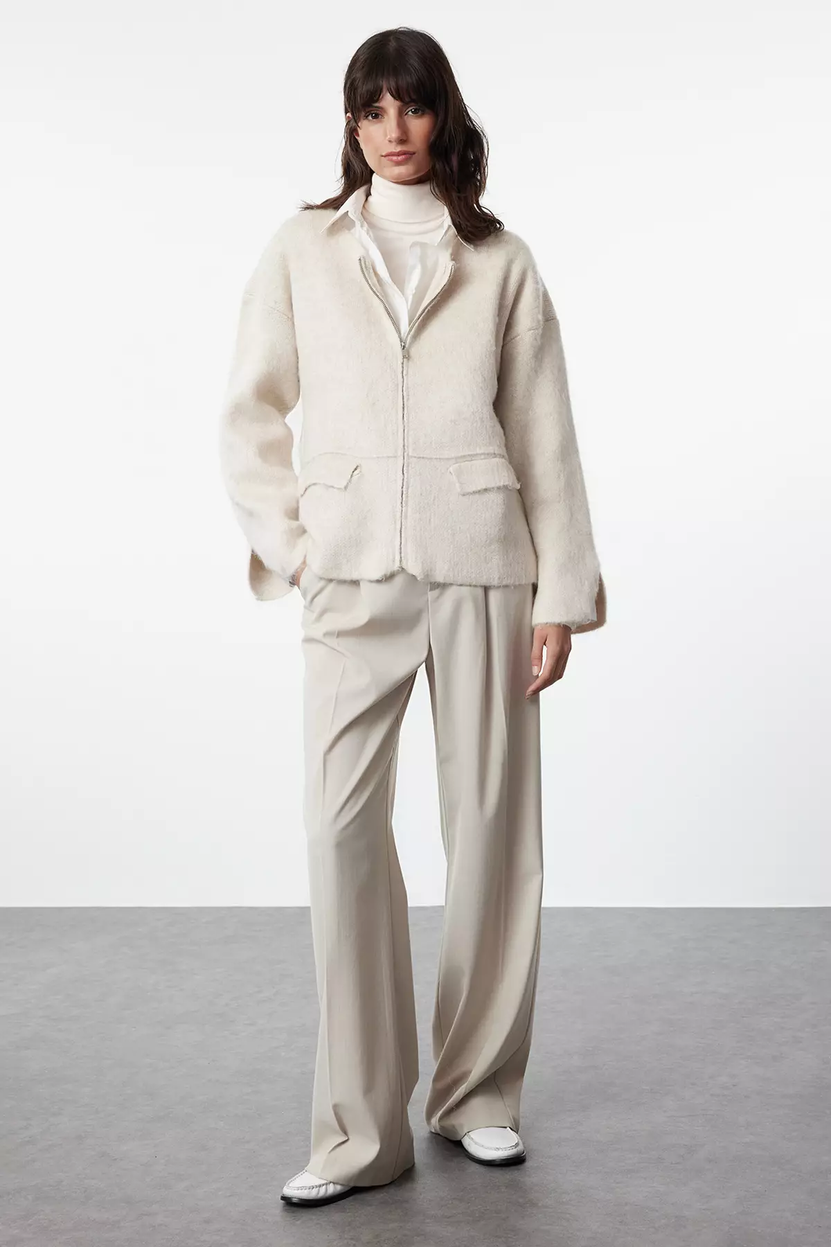 Stone Zipper Soft Textured Coat Look Knitwear Cardigan