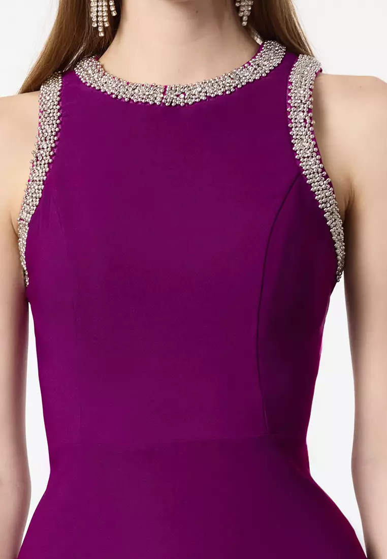 Plum A-Cut Stone Accessory Woven Evening Night Graduation Dress TPRSS24EL00178