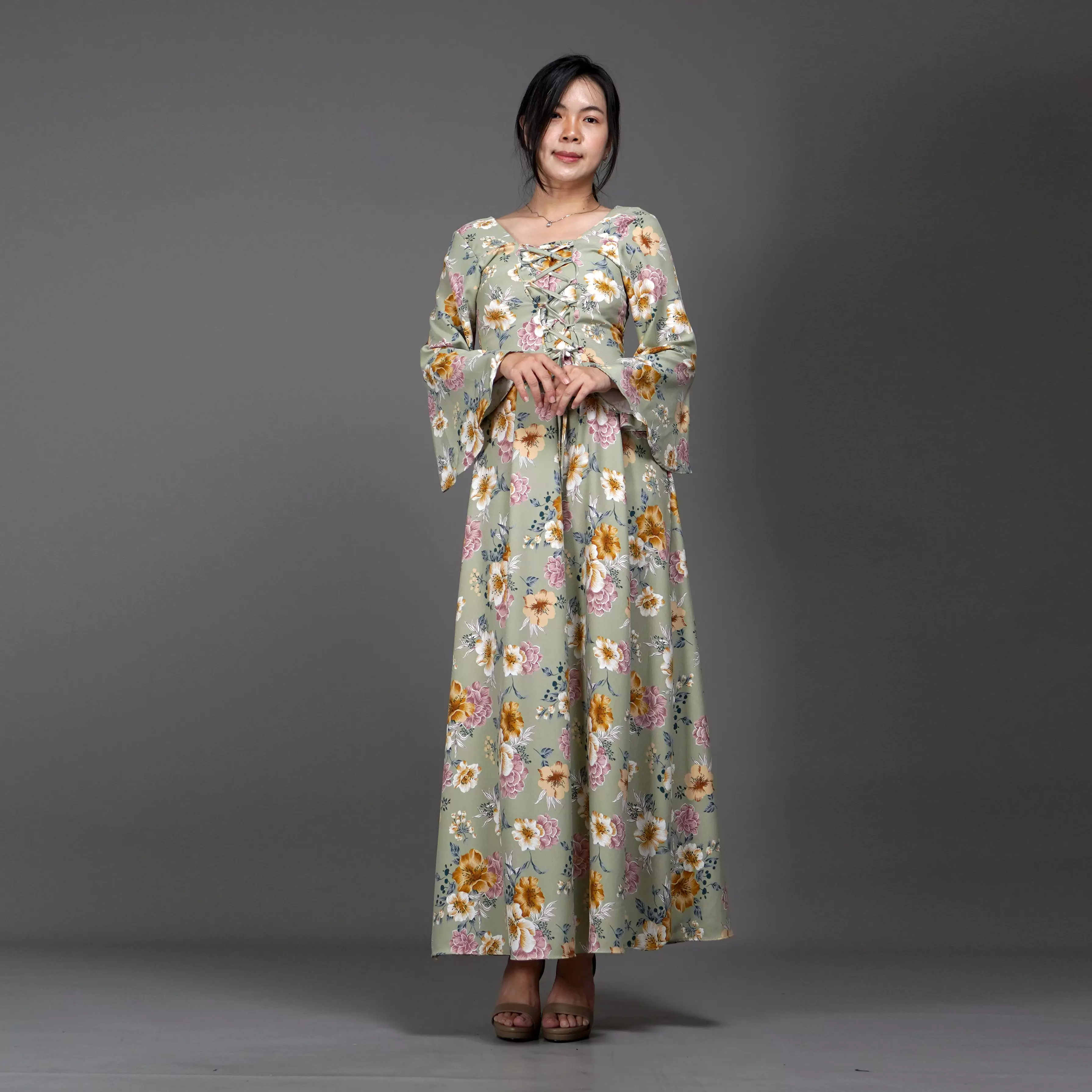 CLOVERIA Long Dress Motif Bunga Gaya Korea Dress Wanita Korean Style - Mint