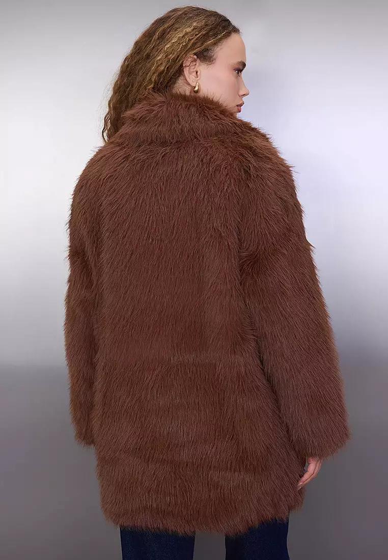 Brown Fur Mono Closure Oversize Midi Coat Twoaw26Kb6