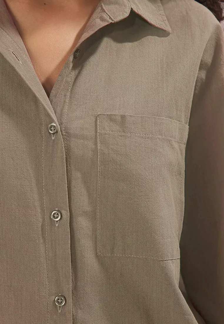 Mink Cotton Blended Linen Look Oversize Wide Fit Woven Shirt Twoss25Go00096