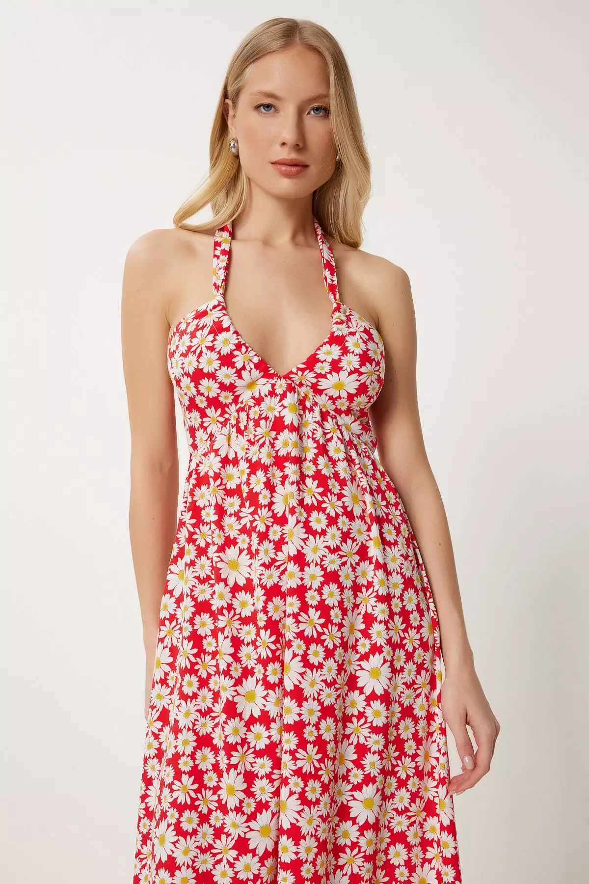 Women's Red Floral Patterned Summer Viscose Dress Fk00019