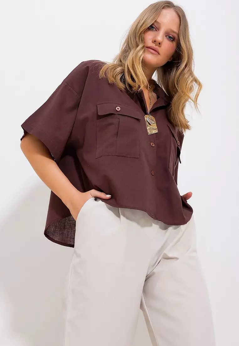 Women's Brown Double Pocket Half Sleeve Linen Shirt Alc-X9991