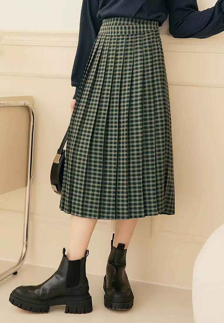 日系格紋收腰綁帶撞色拼接百褶裙《CA2702》