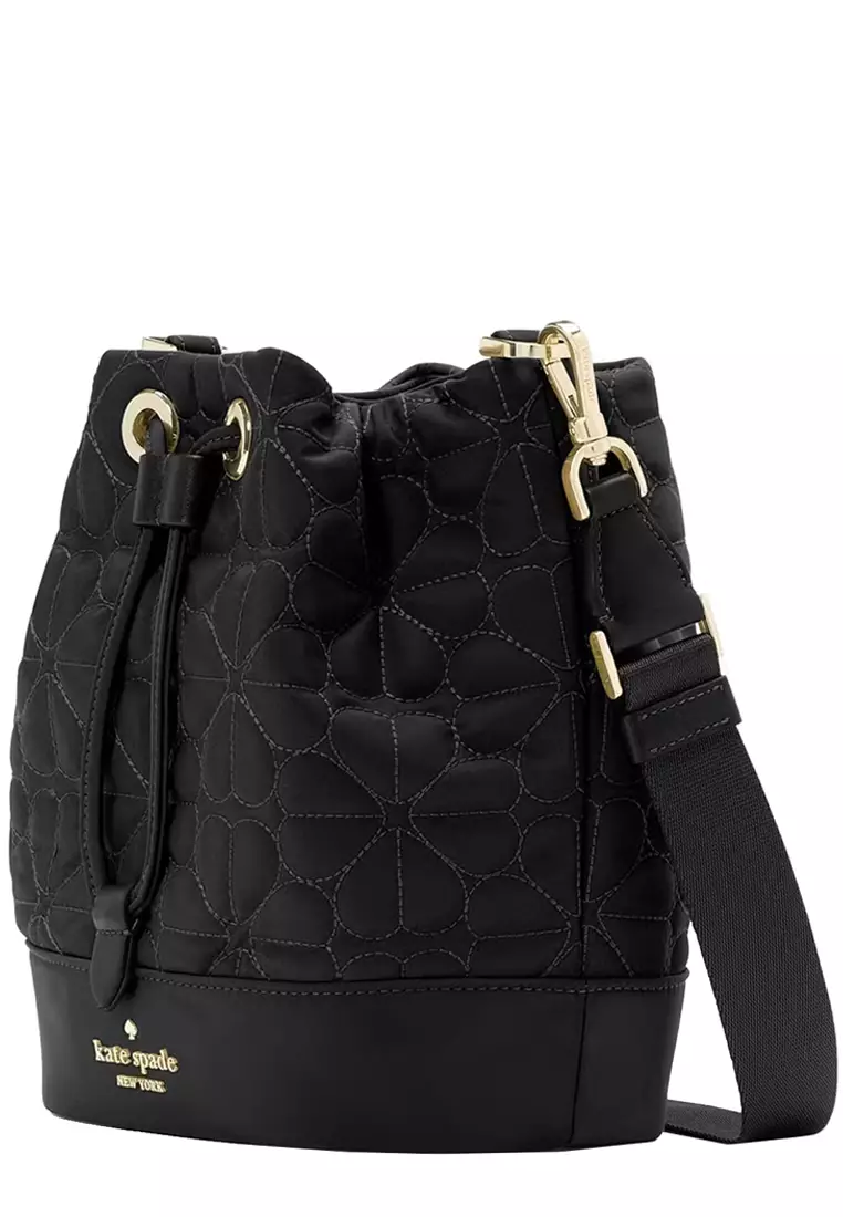 Flower Quilted Fabric Bucket Bag in Black KK076