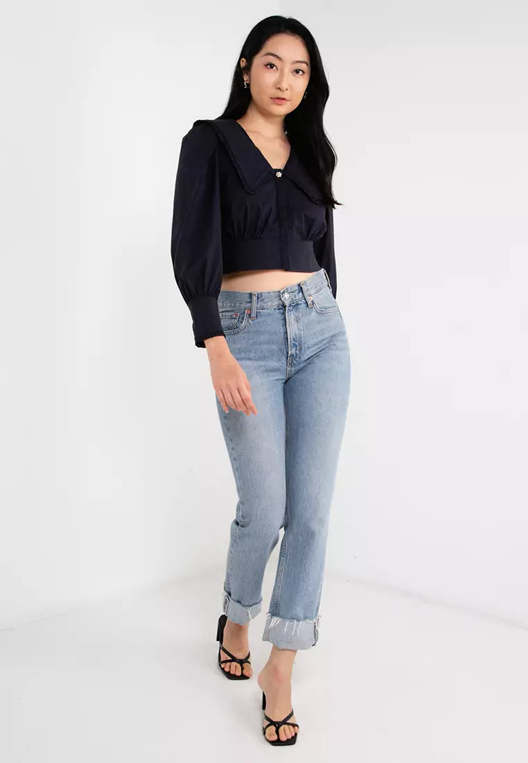 Oversized Point Collar Puffed Sleeve Top