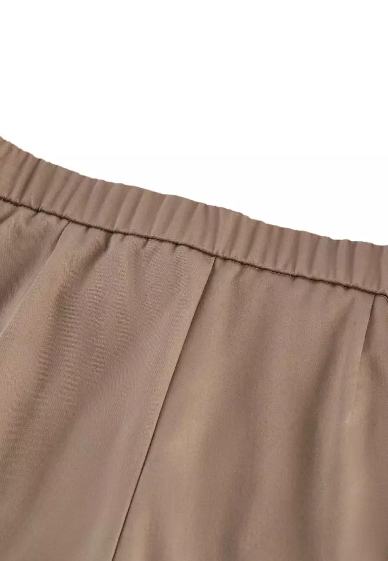 Cotton Blend Spandex Satin Cropped Cigarette Pants With Elastic Waistband