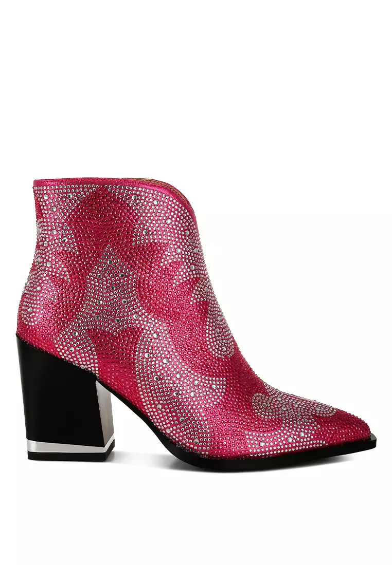 Discount on London Rag  shoes - SKU: Rhinestones Embellished Ankle Boots in Fuchsia