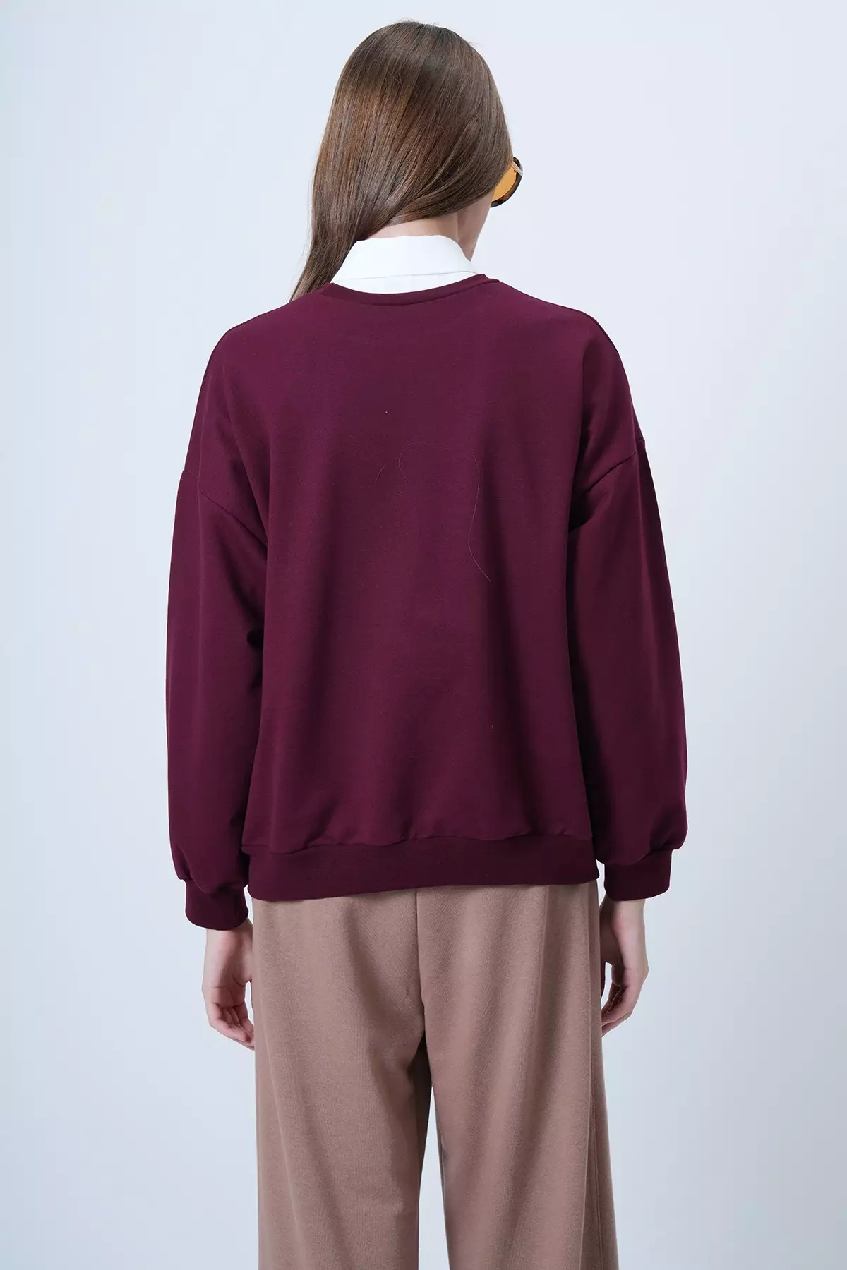 Women'S Burgundy Front Printed Oversize Cotton Sweatshirt Alc-X14651