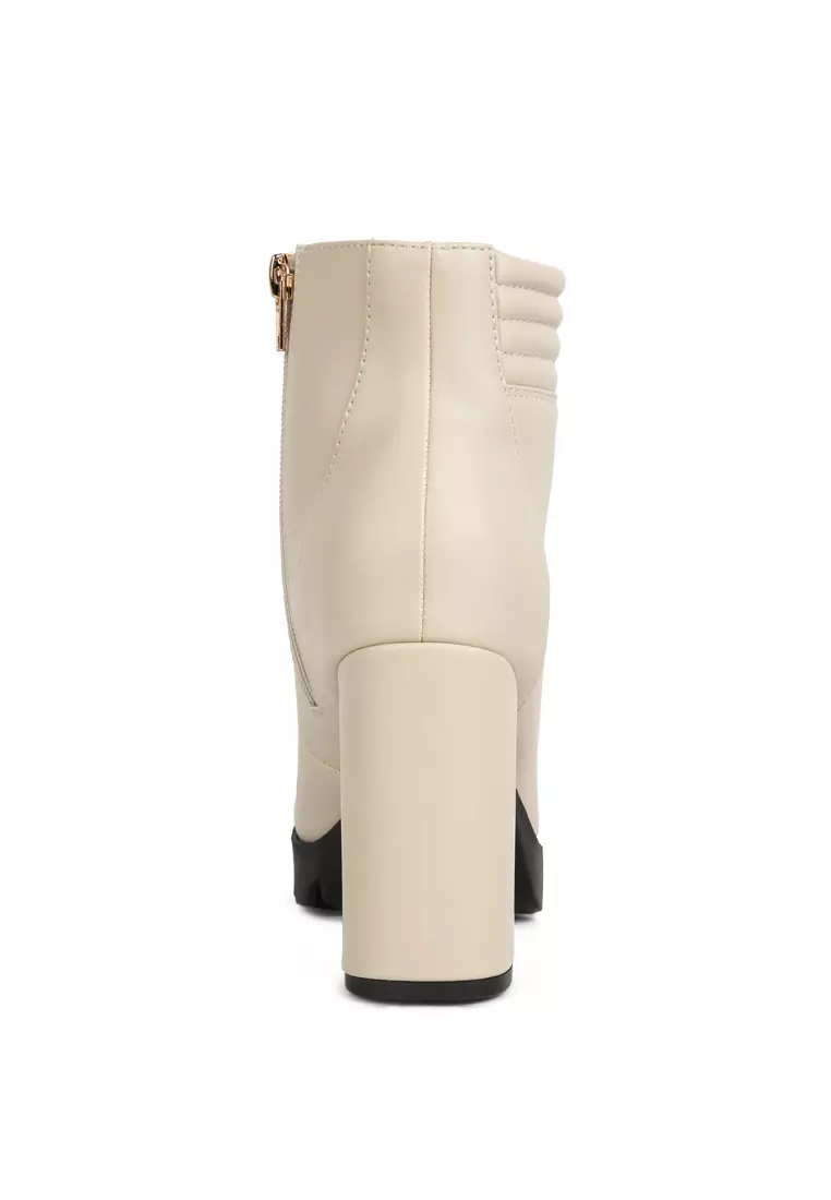 Beige Lace Up Block Heel Boots