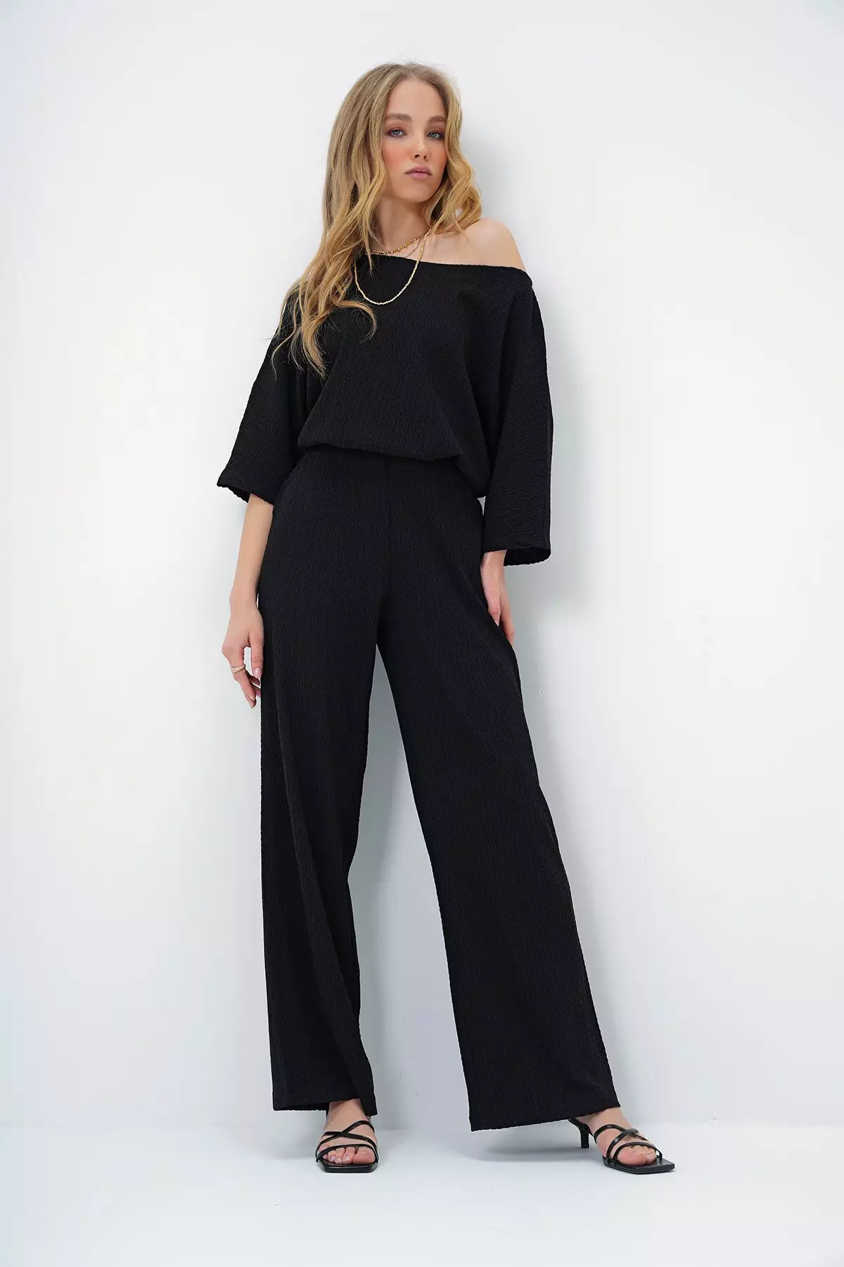 Women's Black Boat Neck Bat Sleeve Casual Blouse and Palazzo Pants Crepe Set