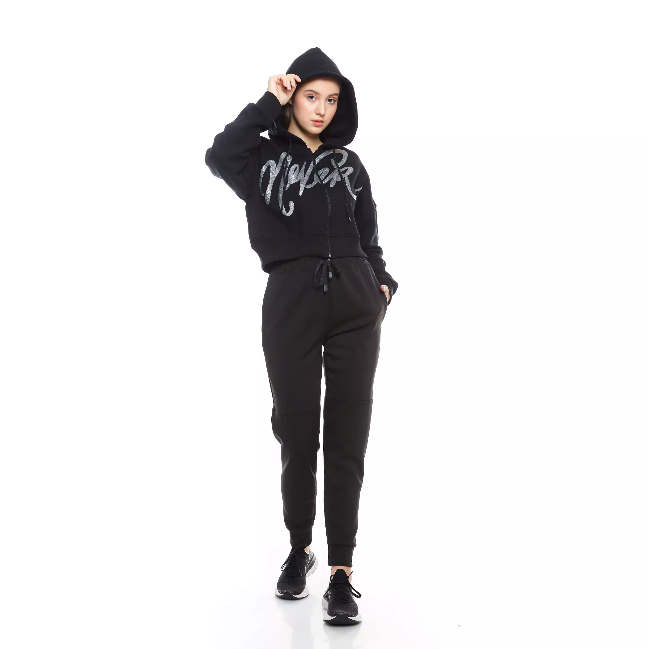 Enough For Today - Hoodie Crop Oversize Zipper Resleting Wanita Hitam Never Blink