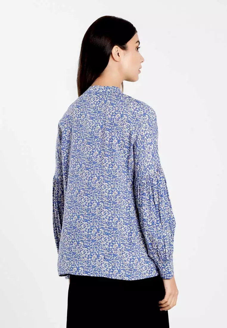 Forest Ladies Floral Pattern Button Rayon Blouse Women Long Sleeve Blouse | Baju Perempuan - 822486-31Blue