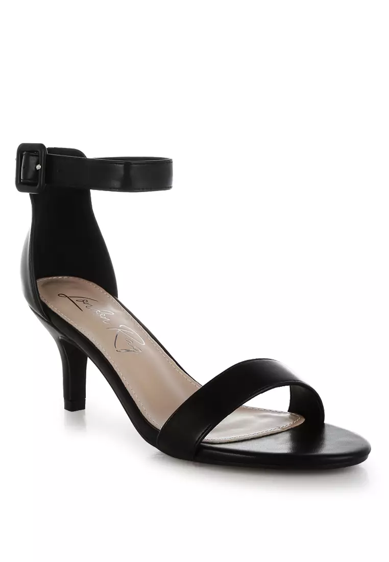 Faux Leather Kitten Heel Sandals in Black