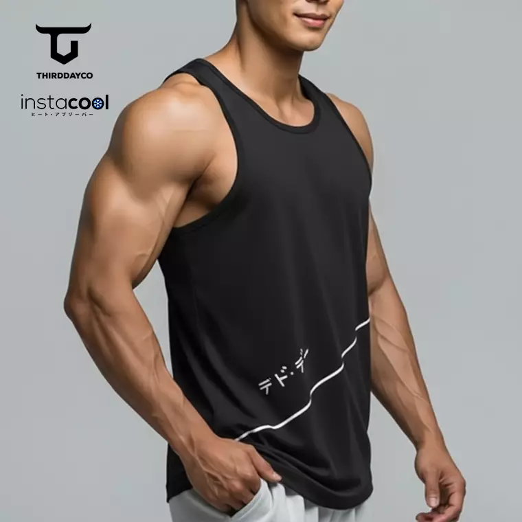 THIRDDAY Kaos Kutung Singlet Tank Top Gym instacool "diag cut katakana" SVN hitam MTY33
