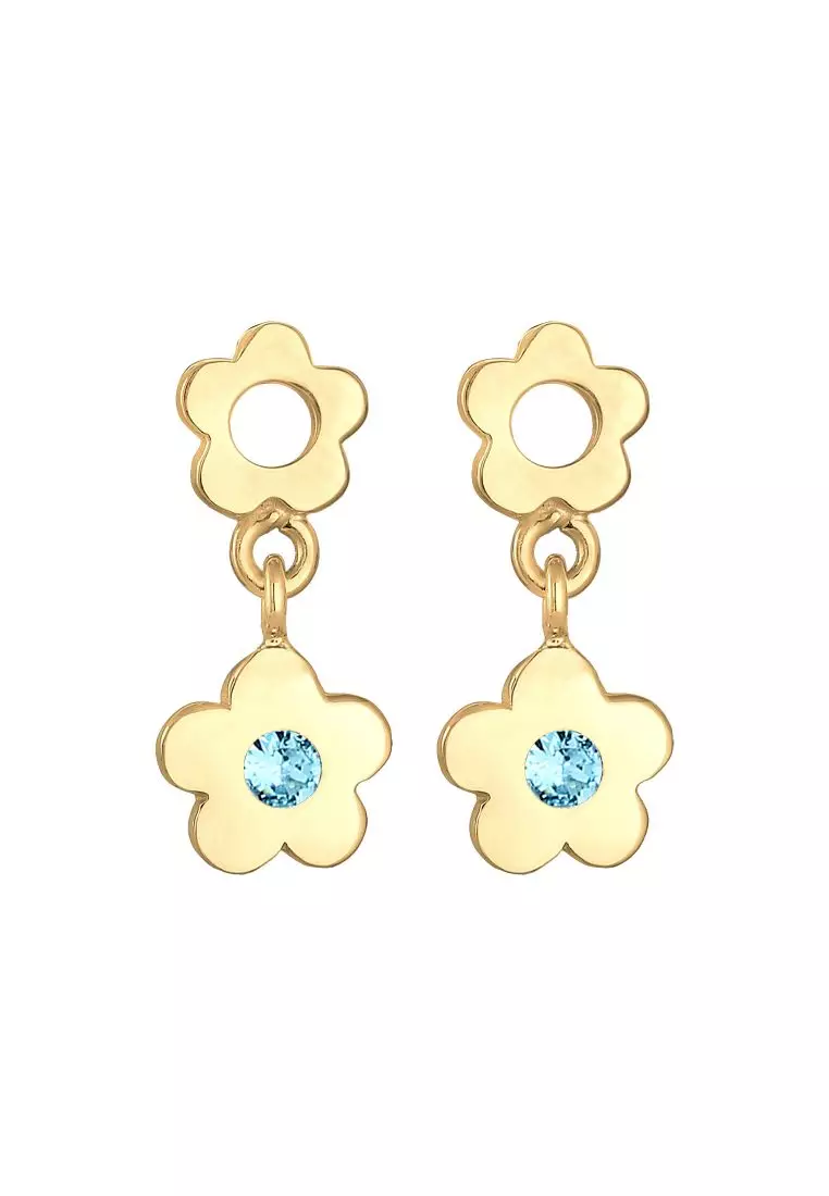 Anting Perhiasan Perak 925 Anak Flower Light Blue Crystal Gold Plated