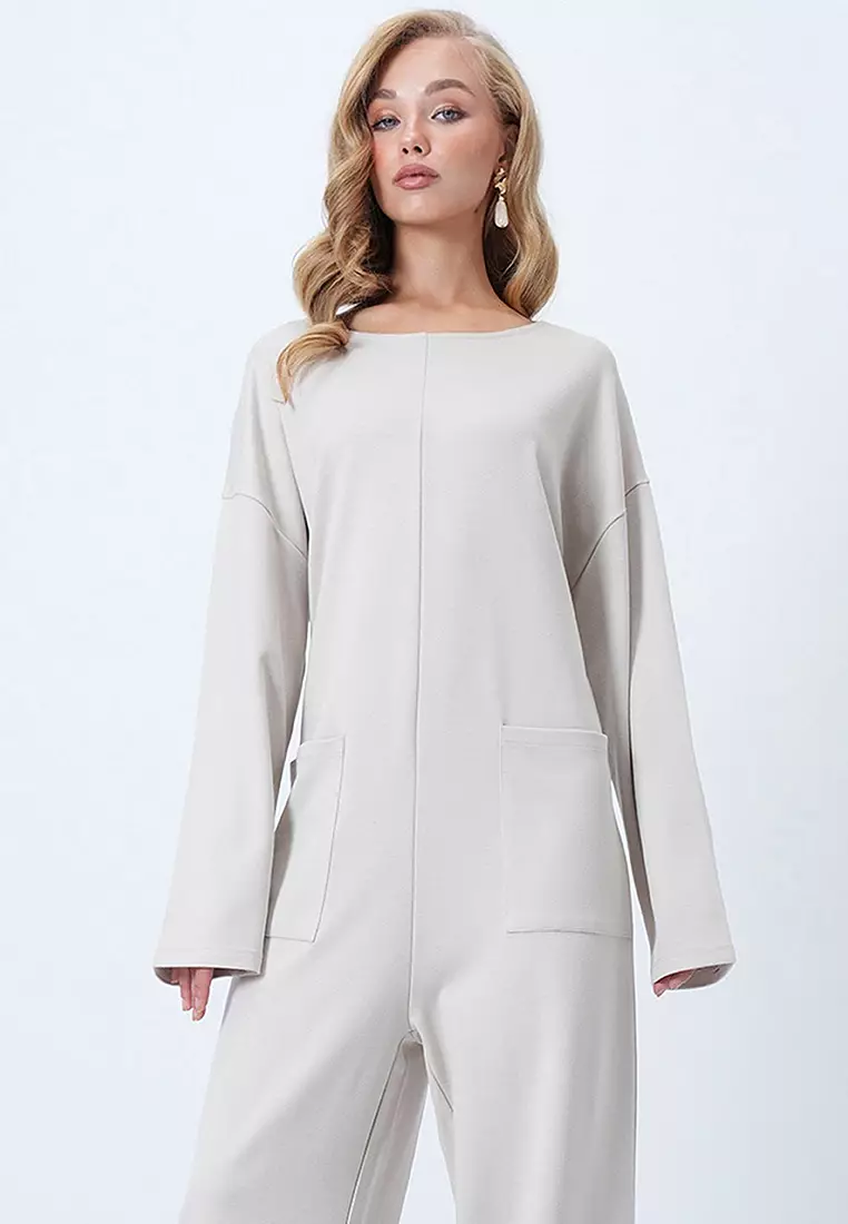 Crew Neck Back Zippered Relaxed Cut Jumpsuit