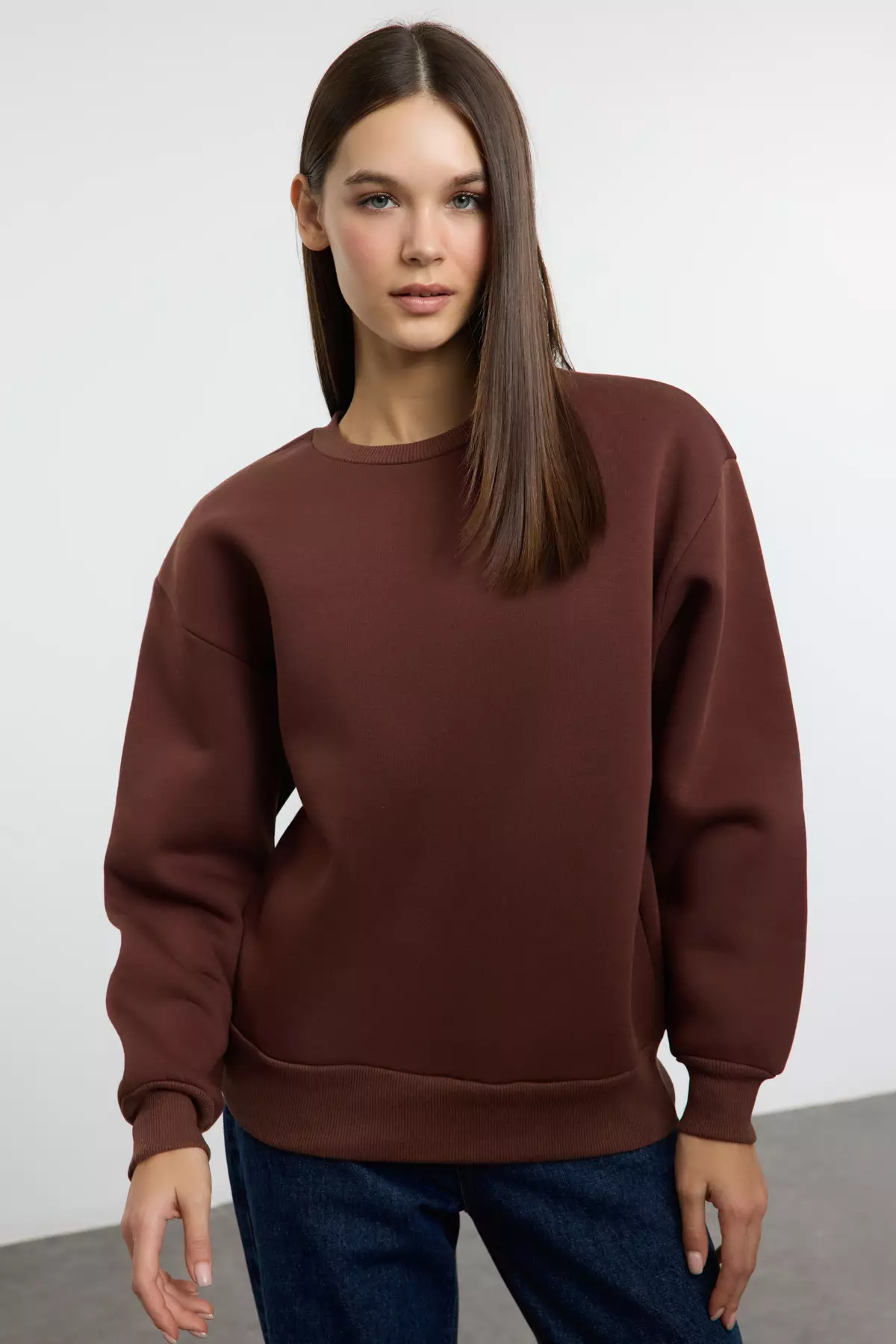Thick Cut Brown Fleece Crew Neck Sweatshirt
